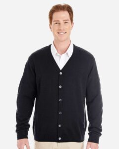 Harriton M425 Men’s Pilbloc™ V-Neck Button Cardigan Sweater – Black (on model)