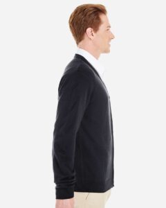 Harriton M425 Men’s Pilbloc™ V-Neck Button Cardigan Sweater – Black (on model side)