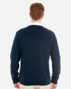 Harriton M425 Men’s Pilbloc™ V-Neck Button Cardigan Sweater – Dark Navy (on model back)