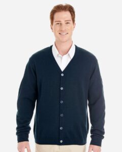 Harriton M425 Men’s Pilbloc™ V-Neck Button Cardigan Sweater – Dark Navy (on model)