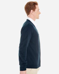 Harriton M425 Men’s Pilbloc™ V-Neck Button Cardigan Sweater – Dark Navy (on model side)