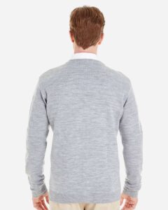 Harriton M425 Men’s Pilbloc™ V-Neck Button Cardigan Sweater – Grey Heather (on model back)