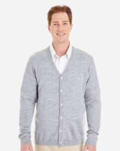 Harriton M425 Men’s Pilbloc™ V-Neck Button Cardigan Sweater – Grey Heather (on model)
