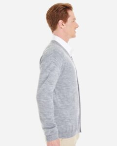 Harriton M425 Men’s Pilbloc™ V-Neck Button Cardigan Sweater – Grey Heather (on model side)