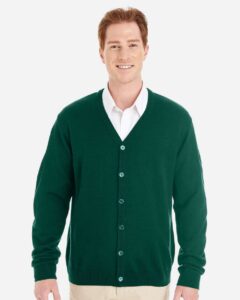 Harriton M425 Men’s Pilbloc™ V-Neck Button Cardigan Sweater – Hunter (on model)