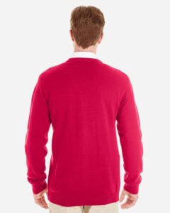 Harriton M425 Men’s Pilbloc™ V-Neck Button Cardigan Sweater – Red (on model back)
