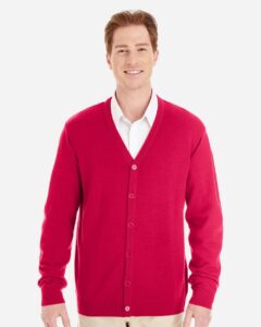 Harriton M425 Men’s Pilbloc™ V-Neck Button Cardigan Sweater – Red (on model)