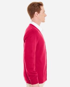 Harriton M425 Men’s Pilbloc™ V-Neck Button Cardigan Sweater – Red (on model side)