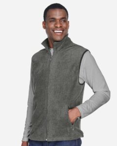 Harriton M985 Unisex Fleece Full-Zip Vest – Charcoal (on model side)