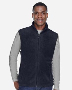 Harriton M985 Unisex Fleece Full-Zip Vest – Navy (on model)