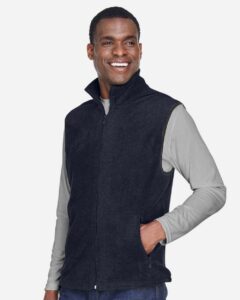 Harriton M985 Unisex Fleece Full-Zip Vest – Navy (on model side)
