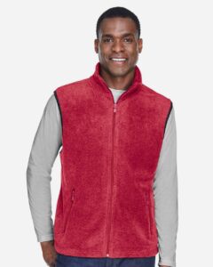 Harriton M985 Unisex Fleece Full-Zip Vest – Red (on model)