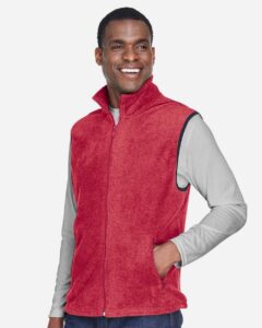 Harriton M985 Unisex Fleece Full-Zip Vest – Red (on model side)