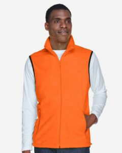Harriton M985 Unisex Fleece Full-Zip Vest – Safety Orange (on model)