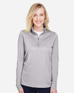 Team 365 TT31HW Women’s Zone Sonic Heather Performance Quarter-Zip Pullover – Athletic Heather (on model)