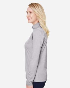 Team 365 TT31HW Women’s Zone Sonic Heather Performance Quarter-Zip Pullover – Athletic Heather (on model side)