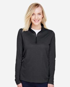 Team 365 TT31HW Women’s Zone Sonic Heather Performance Quarter-Zip Pullover – Black Heather (on model)