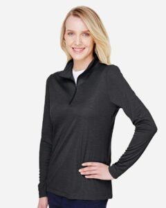 Team 365 TT31HW Women’s Zone Sonic Heather Performance Quarter-Zip Pullover – Black Heather (on model side)