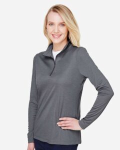 Team 365 TT31HW Women’s Zone Sonic Heather Performance Quarter-Zip Pullover – Dark Grey Heather (on model side)