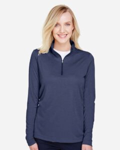 Team 365 TT31HW Women’s Zone Sonic Heather Performance Quarter-Zip Pullover – Sport Dark Navy Heather (on model)