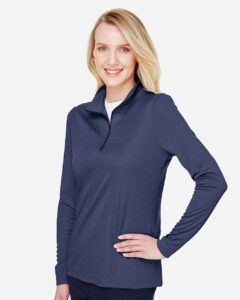 Team 365 TT31HW Women’s Zone Sonic Heather Performance Quarter-Zip Pullover – Sport Dark Navy Heather (on model side)