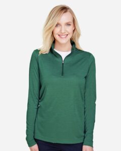 Team 365 TT31HW Women’s Zone Sonic Heather Performance Quarter-Zip Pullover – Sport Forest Heather (on model)