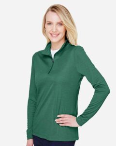 Team 365 TT31HW Women’s Zone Sonic Heather Performance Quarter-Zip Pullover – Sport Forest Heather (on model side)