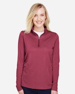 Team 365 TT31HW Women’s Zone Sonic Heather Performance Quarter-Zip Pullover – Sport Maroon Heather (on model)