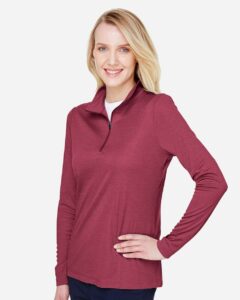 Team 365 TT31HW Women’s Zone Sonic Heather Performance Quarter-Zip Pullover – Sport Maroon Heather (on model side)