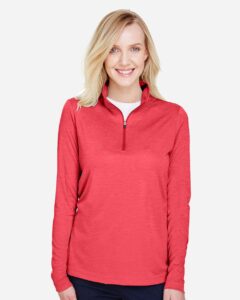 Team 365 TT31HW Women’s Zone Sonic Heather Performance Quarter-Zip Pullover – Sport Red Heather (on model)