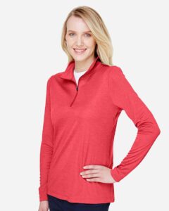 Team 365 TT31HW Women’s Zone Sonic Heather Performance Quarter-Zip Pullover – Sport Red Heather (on model side)