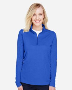 Team 365 TT31HW Women’s Zone Sonic Heather Performance Quarter-Zip Pullover – Sport Royal Heather (on model)
