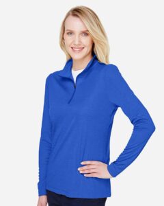Team 365 TT31HW Women’s Zone Sonic Heather Performance Quarter-Zip Pullover – Sport Royal Heather (on model side)