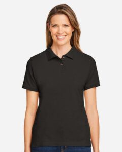 Harriton M200W Women’s Cotton Polo – Black (on model)