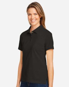 Harriton M200W Women’s Cotton Polo – Black (on model side)