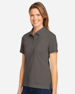 Harriton M200W Women’s Cotton Polo – Charcoal (on model side)