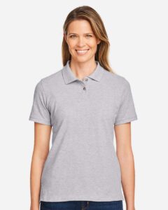 Harriton M200W Women’s Cotton Polo – Grey Heather (on model)