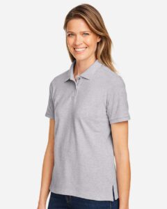 Harriton M200W Women’s Cotton Polo – Grey Heather (on model side)