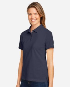 Harriton M200W Women’s Cotton Polo – Navy (on model side)