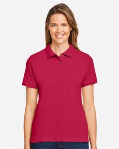 Harriton M200W Women’s Cotton Polo – Red (on model)