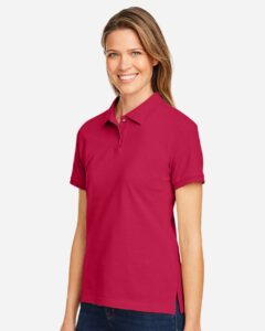 Harriton M200W Women’s Cotton Polo – Red (on model side)