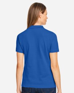 Harriton M200W Women’s Cotton Polo – True Royal (on model back)
