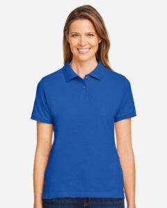 Harriton M200W Women’s Cotton Polo – True Royal (on model)