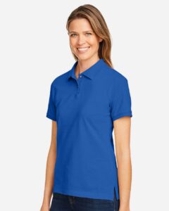 Harriton M200W Women’s Cotton Polo – True Royal (on model side)