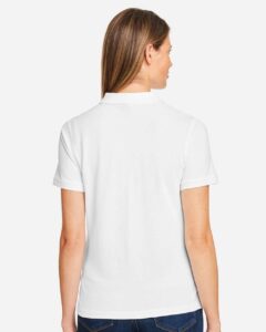 Harriton M200W Women’s Cotton Polo – White (on model back)