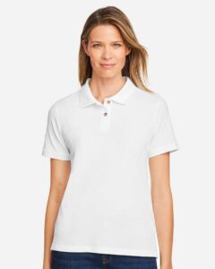 Harriton M200W Women’s Cotton Polo – White (on model)
