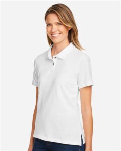 Harriton M200W Women’s Cotton Polo – White (on model side)