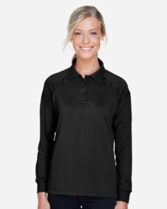 Harriton M211LW Women’s Advantage Long Sleeve Tactical Polo – Black (on model)