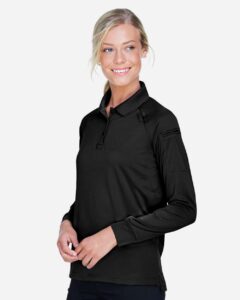 Harriton M211LW Women’s Advantage Long Sleeve Tactical Polo – Black (on model side)