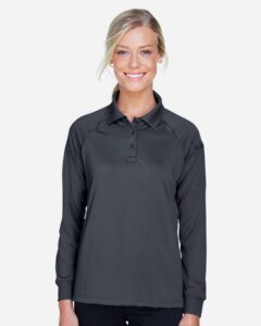 Harriton M211LW Women’s Advantage Long Sleeve Tactical Polo – Dark Charcoal (on model)